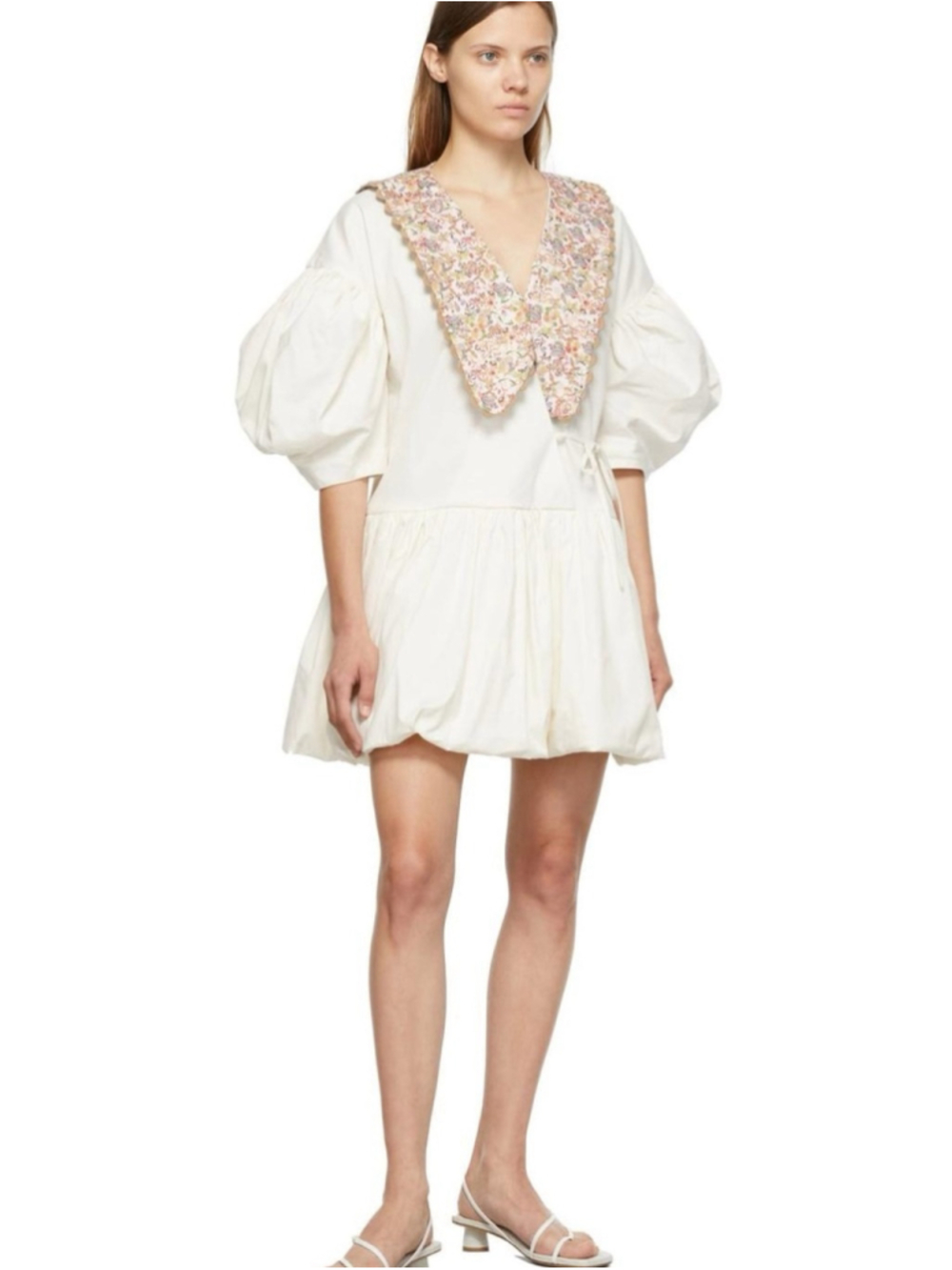 Kika Vargas White Mini Dress Floral Oversized Detachable Collar Puff Sleeve Sz M